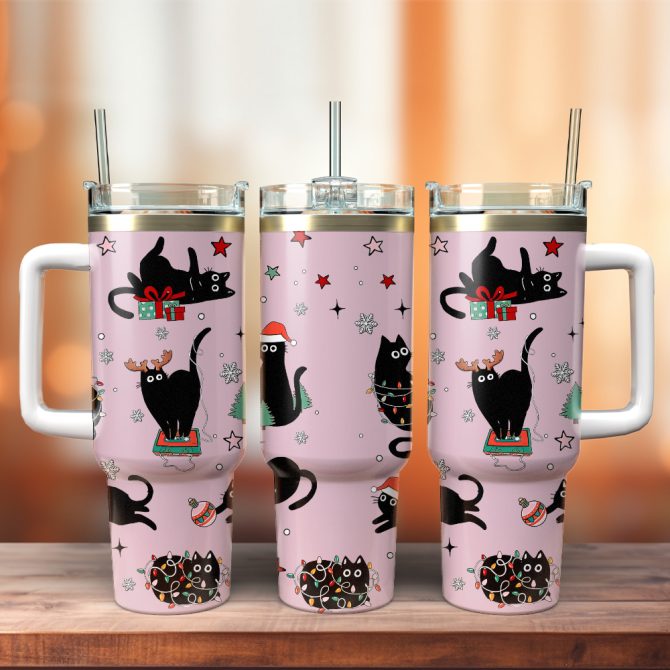 Black Cat Christmas Custom Stanley Quencher 40Oz Stainless Steel Tumbler