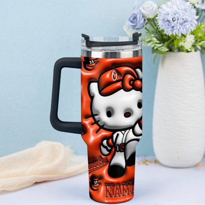 3D Hello Kitty And Baltimore Orioles Cartoon,Mlb Custom Stanley Quencher 40Oz Stainless Steel Tumbler With Handle - Image 3