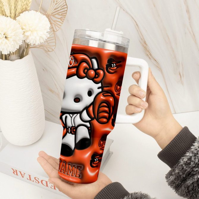 3D Hello Kitty And Baltimore Orioles Cartoon,Mlb Custom Stanley Quencher 40Oz Stainless Steel Tumbler With Handle - Image 2
