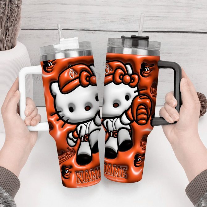 3D Hello Kitty And Baltimore Orioles Cartoon,Mlb Custom Stanley Quencher 40Oz Stainless Steel Tumbler With Handle - Image 4
