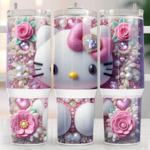 3D Hello Kitty Sanrio Cartoon Custom Stanley Quencher 40Oz Stainless Steel Tumbler With Handle