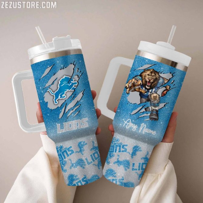 Detroit Lions Nfl Custom Stanley Quencher 40Oz Stainless Steel Tumbler With Handle