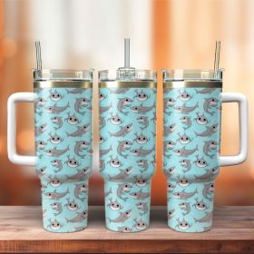 Baby Shark Smiling Cartoon Custom Stanley Quencher 40Oz Stainless Steel Tumbler With Handle