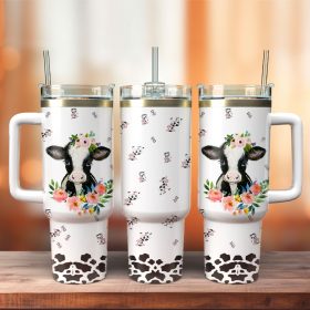 Baby Cow Flowers Artwork Cartoon Custom Stanley Quencher 40Oz Stainless Steel Tumbler With Handle