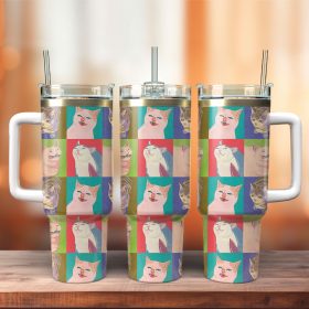 Cat Funny Cartoon Pattern Animal Artwork Custom Stanley Quencher 40Oz Stainless Steel Tumbler With Handle