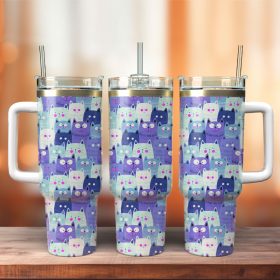 Cute Cat Funny Cartoon Pattern Animal Artwork Custom Stanley Quencher 40Oz Stainless Steel Tumbler With Handle