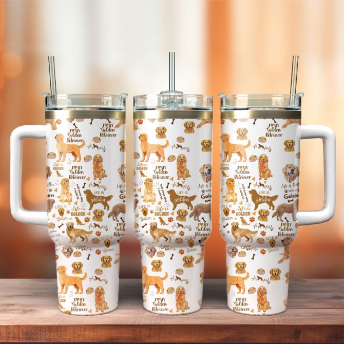 Golden Retriever Cute Dog Custom Stanley Quencher 40Oz Stainless Steel Tumbler With Handle