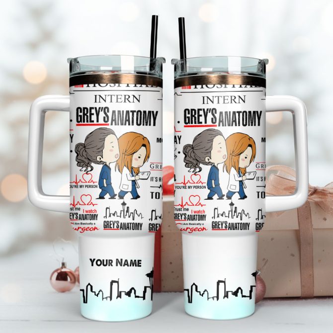 Grey #8217;S Anatomy Cartoon Custom Stanley Quencher 40Oz Stainless Steel Tumbler With Handle - Image 3