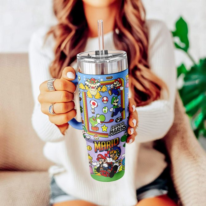 Super Mario Games Custom Stanley Quencher 40Oz Stainless Steel Tumbler With Handle - Image 4