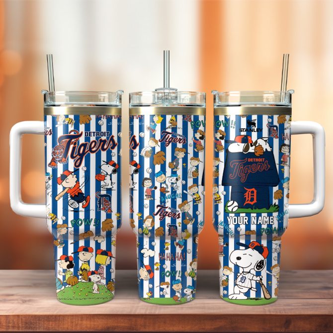 Detroit Tigers X Peanuts Mlb Sports Custom Stanley Quencher 40Oz Stainless Steel Tumbler With Handle