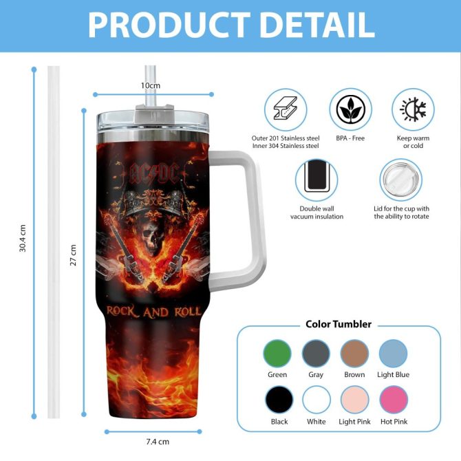 Ac/Dc Music Custom Stanley Quencher 40Oz Stainless Steel Tumbler With Handle - Image 4