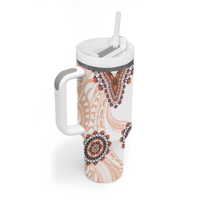 Africa Dashiki With Polynesian Beige Custom Stanley Quencher 40Oz Stainless Steel Tumbler With Handle - Image 2