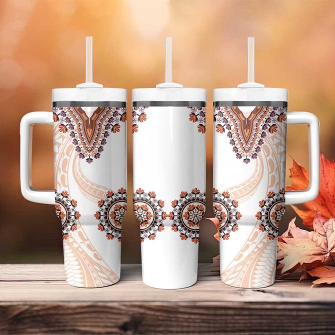 Africa Dashiki With Polynesian Beige Custom Stanley Quencher 40Oz Stainless Steel Tumbler With Handle - Image 4