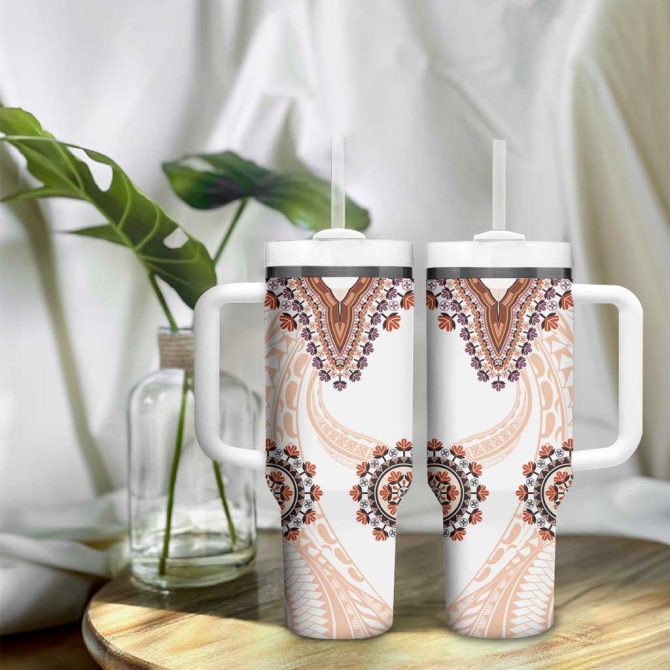 Africa Dashiki With Polynesian Beige Custom Stanley Quencher 40Oz Stainless Steel Tumbler With Handle - Image 9