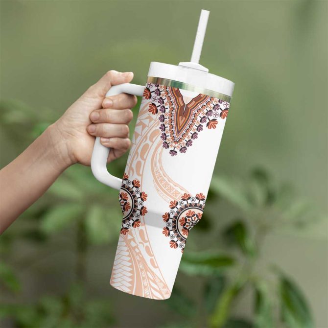 Africa Dashiki With Polynesian Beige Custom Stanley Quencher 40Oz Stainless Steel Tumbler With Handle - Image 3