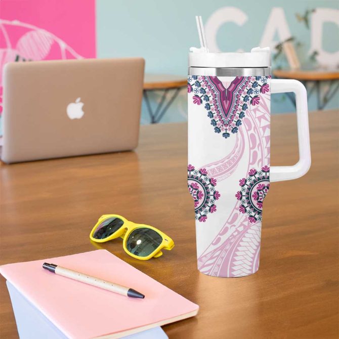 Africa Dashiki With Polynesian Pink Custom Stanley Quencher 40Oz Stainless Steel Tumbler With Handle - Image 5