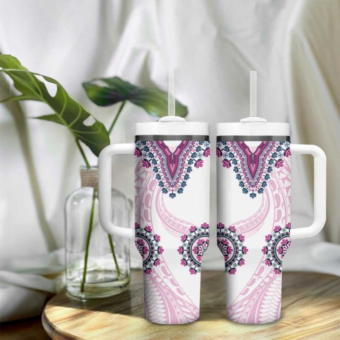 Africa Dashiki With Polynesian Pink Custom Stanley Quencher 40Oz Stainless Steel Tumbler With Handle - Image 9