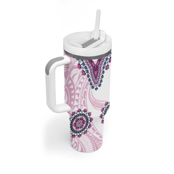 Africa Dashiki With Polynesian Pink Custom Stanley Quencher 40Oz Stainless Steel Tumbler With Handle - Image 2
