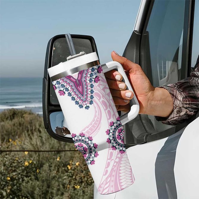 Africa Dashiki With Polynesian Pink Custom Stanley Quencher 40Oz Stainless Steel Tumbler With Handle - Image 7