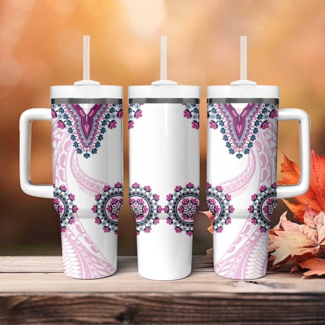 Africa Dashiki With Polynesian Pink Custom Stanley Quencher 40Oz Stainless Steel Tumbler With Handle - Image 4