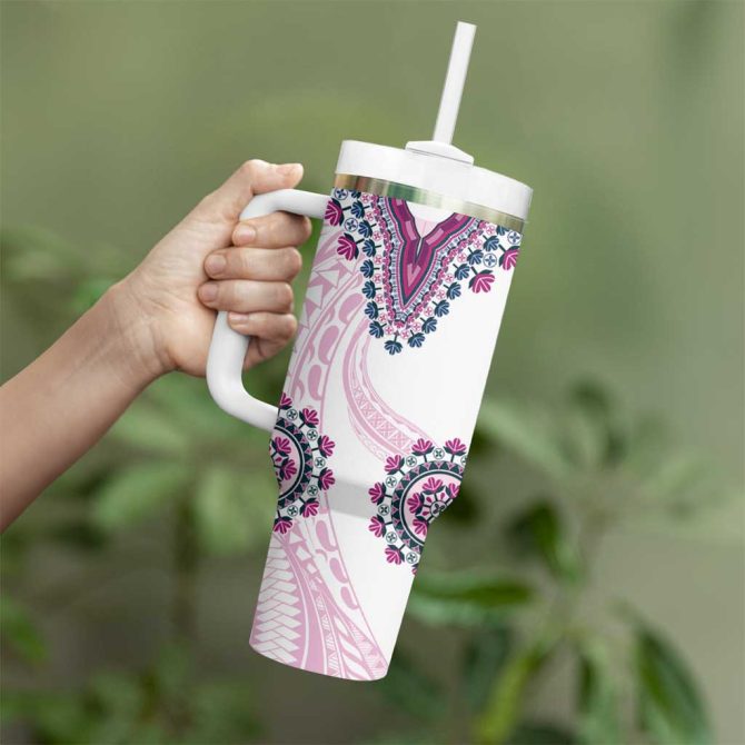 Africa Dashiki With Polynesian Pink Custom Stanley Quencher 40Oz Stainless Steel Tumbler With Handle - Image 3