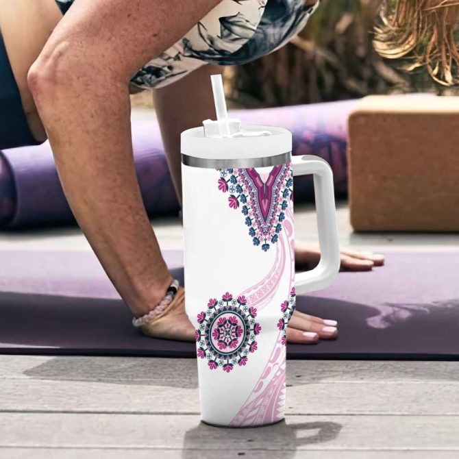Africa Dashiki With Polynesian Pink Custom Stanley Quencher 40Oz Stainless Steel Tumbler With Handle - Image 6