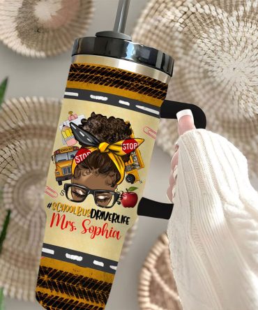 Afro Messy Bun School Bus Driver Custom Stanley Quencher 40Oz Stainless Steel Tumbler