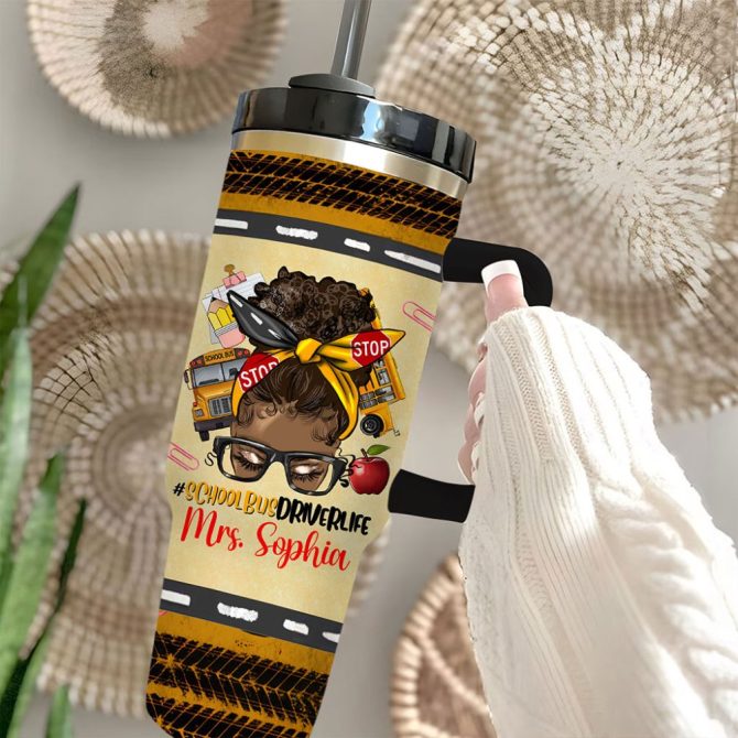 Afro Messy Bun School Bus Driver Custom Stanley Quencher 40Oz Stainless Steel Tumbler