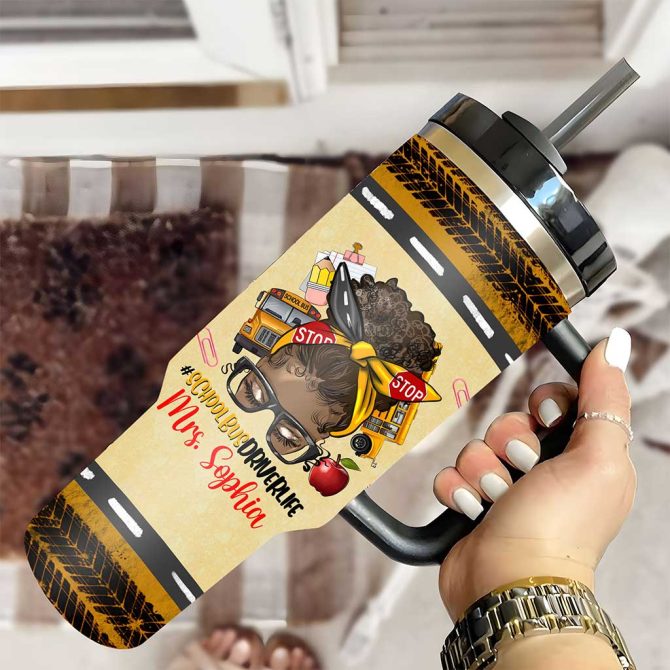 Afro Messy Bun School Bus Driver Custom Stanley Quencher 40Oz Stainless Steel Tumbler - Image 3