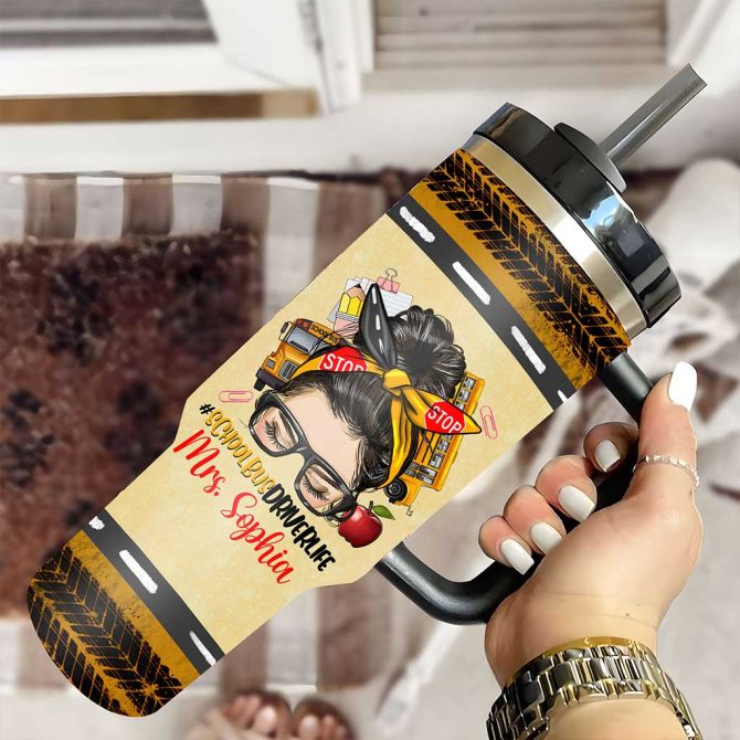 Afro Messy Bun School Bus Driver Custom Stanley Quencher 40Oz Stainless Steel Tumbler - Image 2