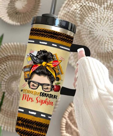 Afro Messy Bun School Bus Driver Custom Stanley Quencher 40Oz Stainless Steel Tumbler