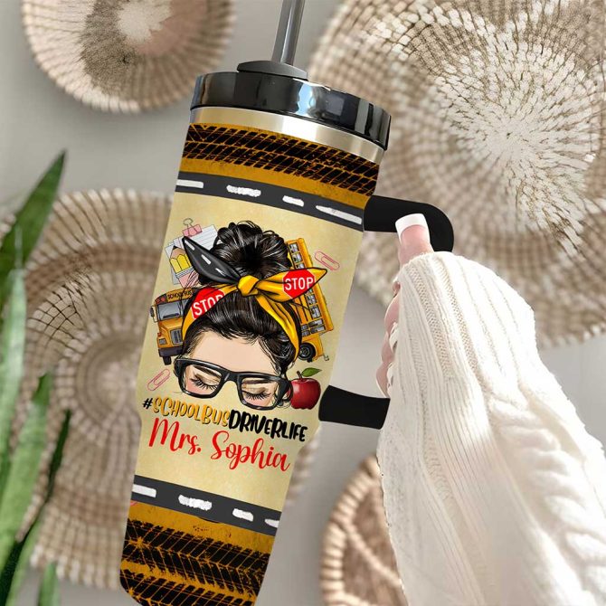 Afro Messy Bun School Bus Driver Custom Stanley Quencher 40Oz Stainless Steel Tumbler