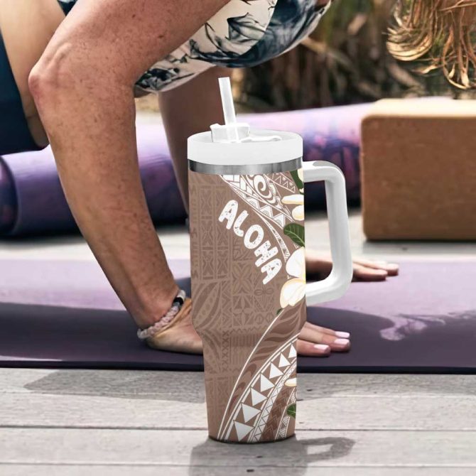 Aloha Hawaii Festive Frangipani Lace Classic Beige Custom Stanley Quencher 40Oz Stainless Steel Tumbler With Handle - Image 6