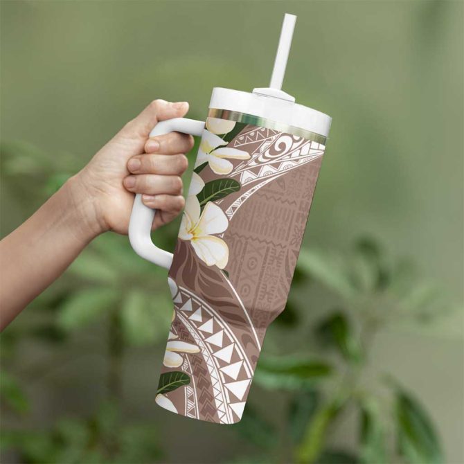 Aloha Hawaii Festive Frangipani Lace Classic Beige Custom Stanley Quencher 40Oz Stainless Steel Tumbler With Handle - Image 3