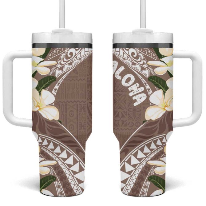 Aloha Hawaii Festive Frangipani Lace Classic Beige Custom Stanley Quencher 40Oz Stainless Steel Tumbler With Handle
