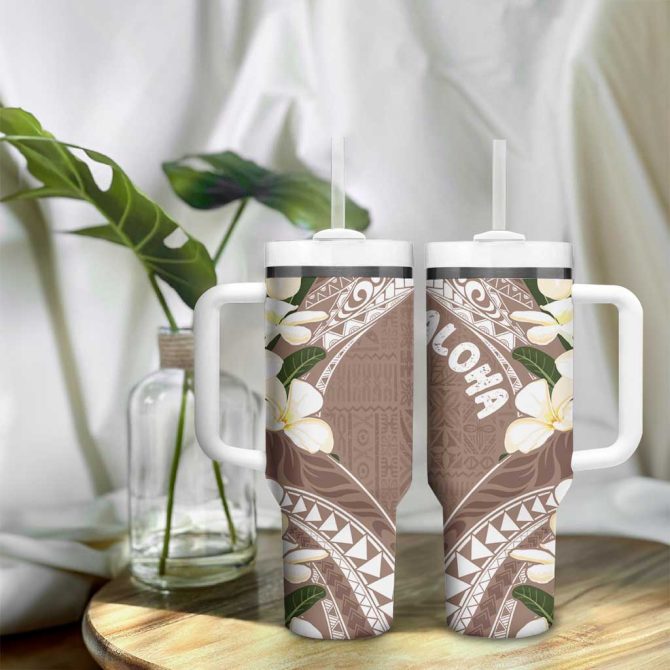 Aloha Hawaii Festive Frangipani Lace Classic Beige Custom Stanley Quencher 40Oz Stainless Steel Tumbler With Handle - Image 9