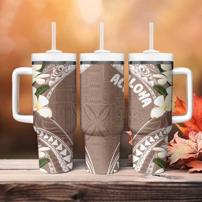 Aloha Hawaii Festive Frangipani Lace Classic Beige Custom Stanley Quencher 40Oz Stainless Steel Tumbler With Handle - Image 4