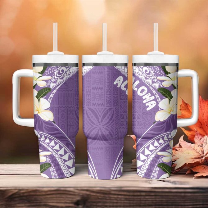 Aloha Hawaii Festive Frangipani Lace Classic Lavender Custom Stanley Quencher 40Oz Stainless Steel Tumbler With Handle - Image 4