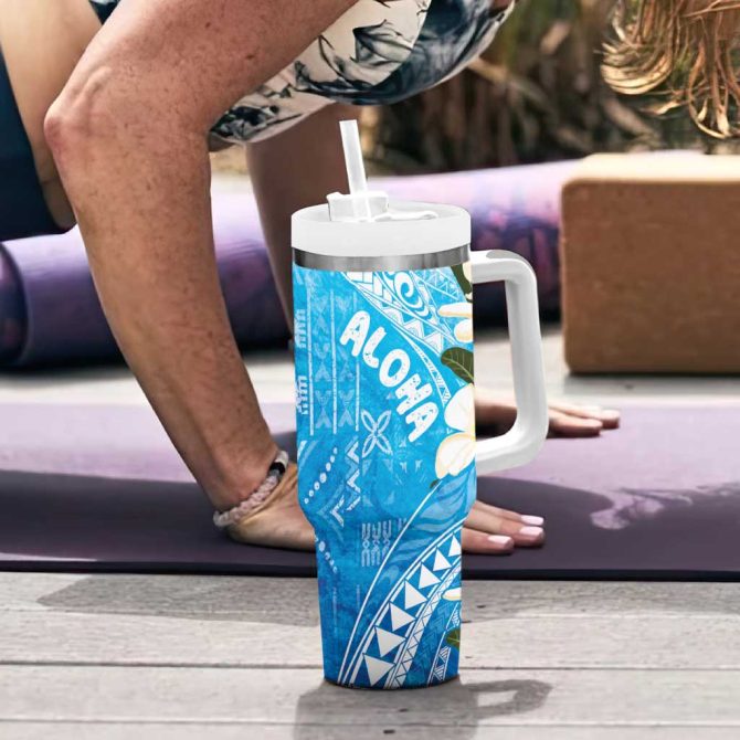 Aloha Hawaii Festive Frangipani Lace Classic Oceanic Custom Stanley Quencher 40Oz Stainless Steel Tumbler With Handle - Image 6