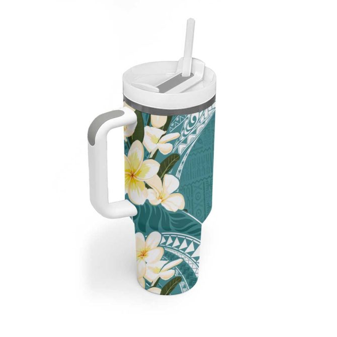 Aloha Hawaii Festive Frangipani Lace Classic Teal Custom Stanley Quencher 40Oz Stainless Steel Tumbler With Handle - Image 2