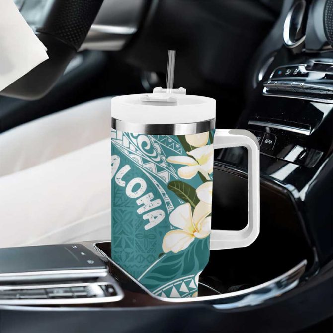 Aloha Hawaii Festive Frangipani Lace Classic Teal Custom Stanley Quencher 40Oz Stainless Steel Tumbler With Handle - Image 8
