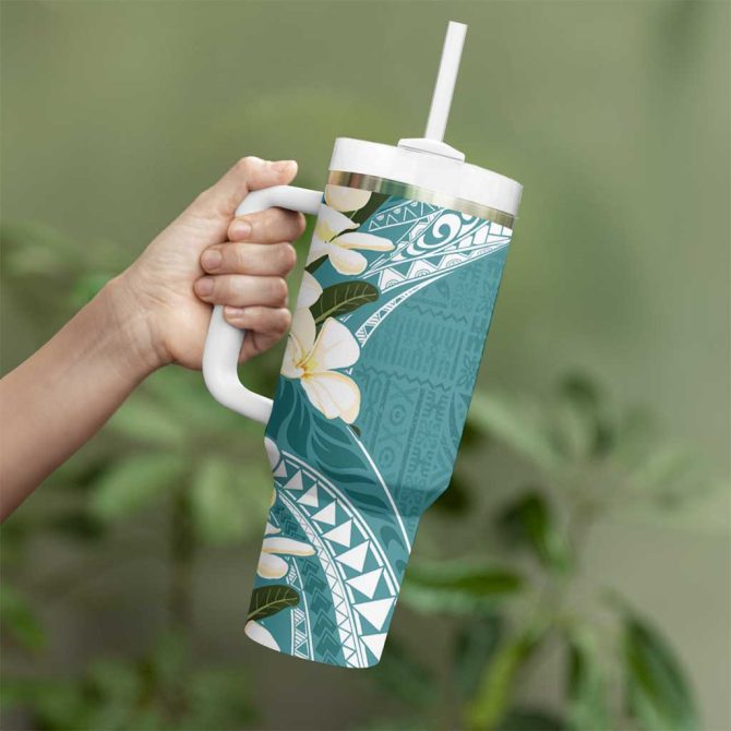 Aloha Hawaii Festive Frangipani Lace Classic Teal Custom Stanley Quencher 40Oz Stainless Steel Tumbler With Handle - Image 3