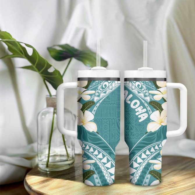 Aloha Hawaii Festive Frangipani Lace Classic Teal Custom Stanley Quencher 40Oz Stainless Steel Tumbler With Handle - Image 9