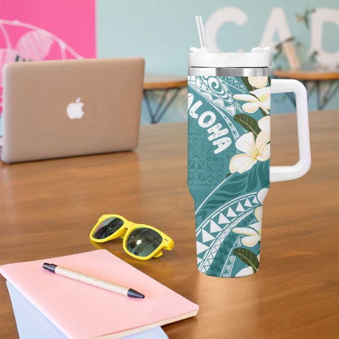 Aloha Hawaii Festive Frangipani Lace Classic Teal Custom Stanley Quencher 40Oz Stainless Steel Tumbler With Handle - Image 5