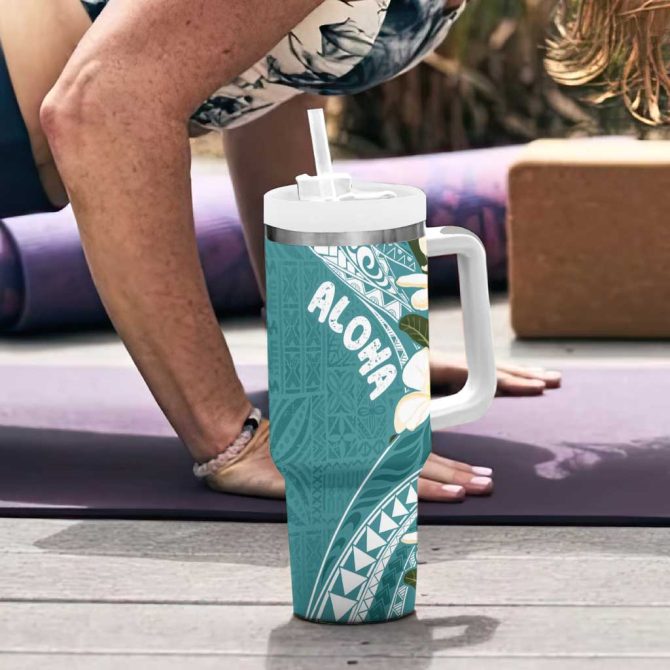 Aloha Hawaii Festive Frangipani Lace Classic Teal Custom Stanley Quencher 40Oz Stainless Steel Tumbler With Handle - Image 6