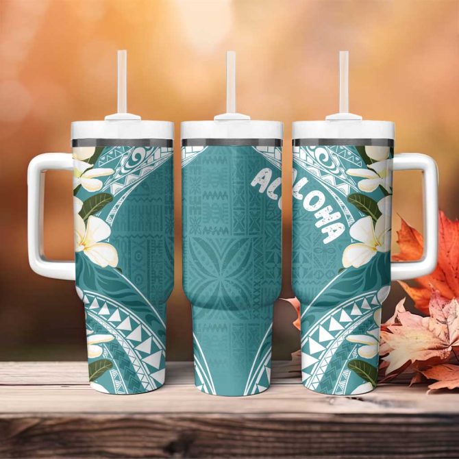 Aloha Hawaii Festive Frangipani Lace Classic Teal Custom Stanley Quencher 40Oz Stainless Steel Tumbler With Handle - Image 4