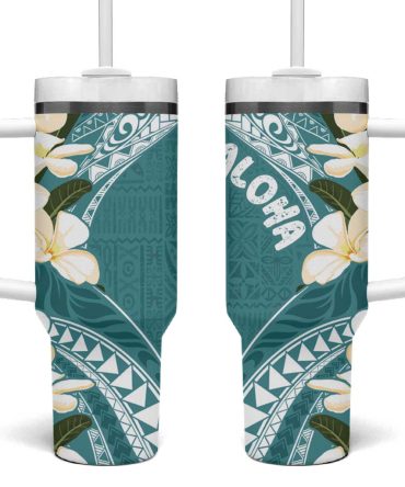 Aloha Hawaii Festive Frangipani Lace Classic Teal Custom Stanley Quencher 40Oz Stainless Steel Tumbler With Handle