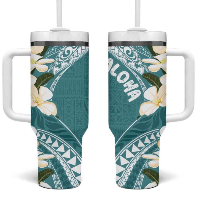 Aloha Hawaii Festive Frangipani Lace Classic Teal Custom Stanley Quencher 40Oz Stainless Steel Tumbler With Handle