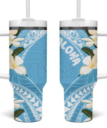 Aloha Hawaii Festive Frangipani Lace Classic Turquoise Custom Stanley Quencher 40Oz Stainless Steel Tumbler With Handle