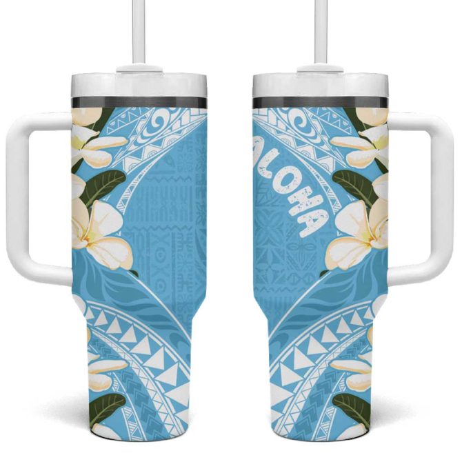 Aloha Hawaii Festive Frangipani Lace Classic Turquoise Custom Stanley Quencher 40Oz Stainless Steel Tumbler With Handle